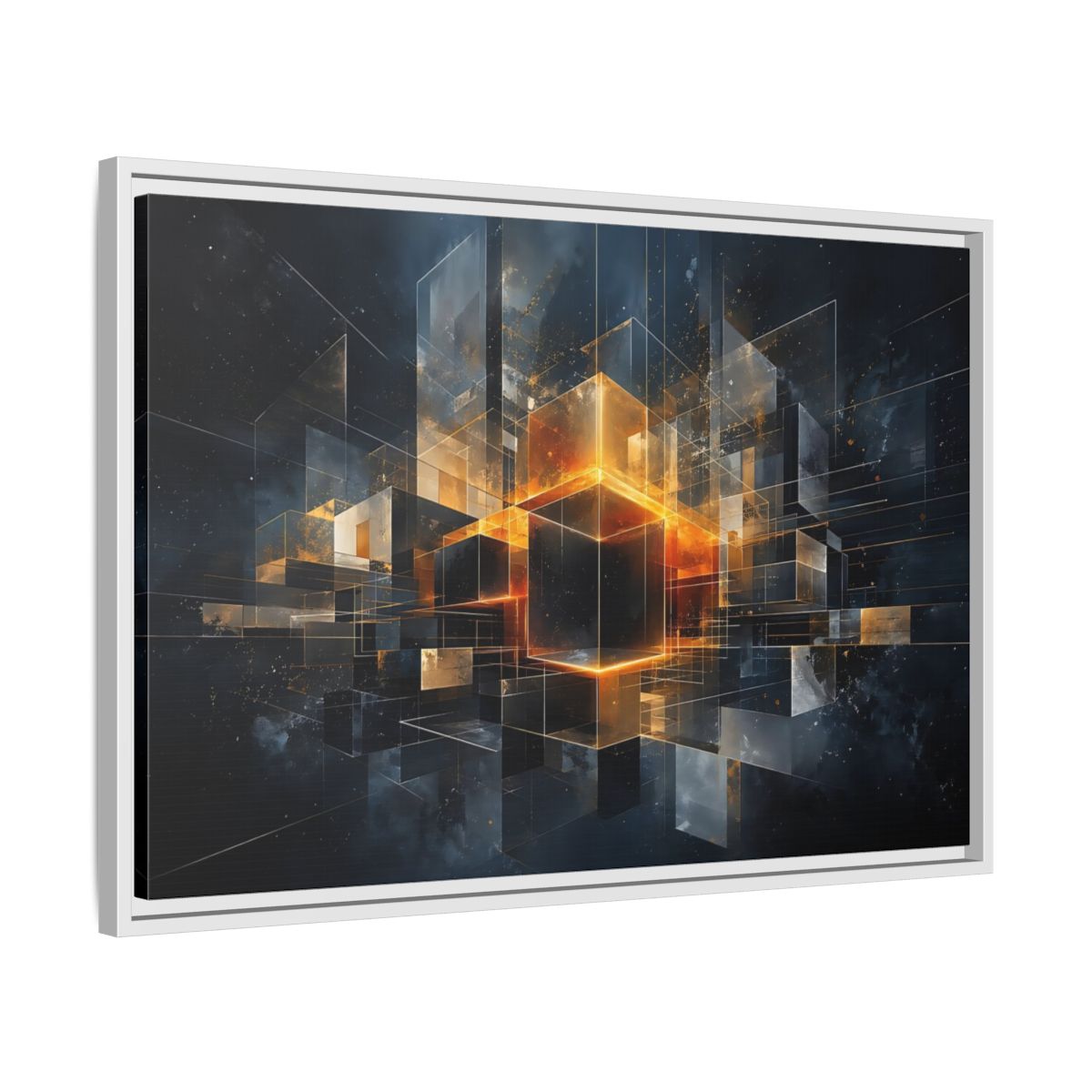 Side Mockup 10. Abstract Geometric Cubes Dark Gold Cubes shown as stretched canvas wall art