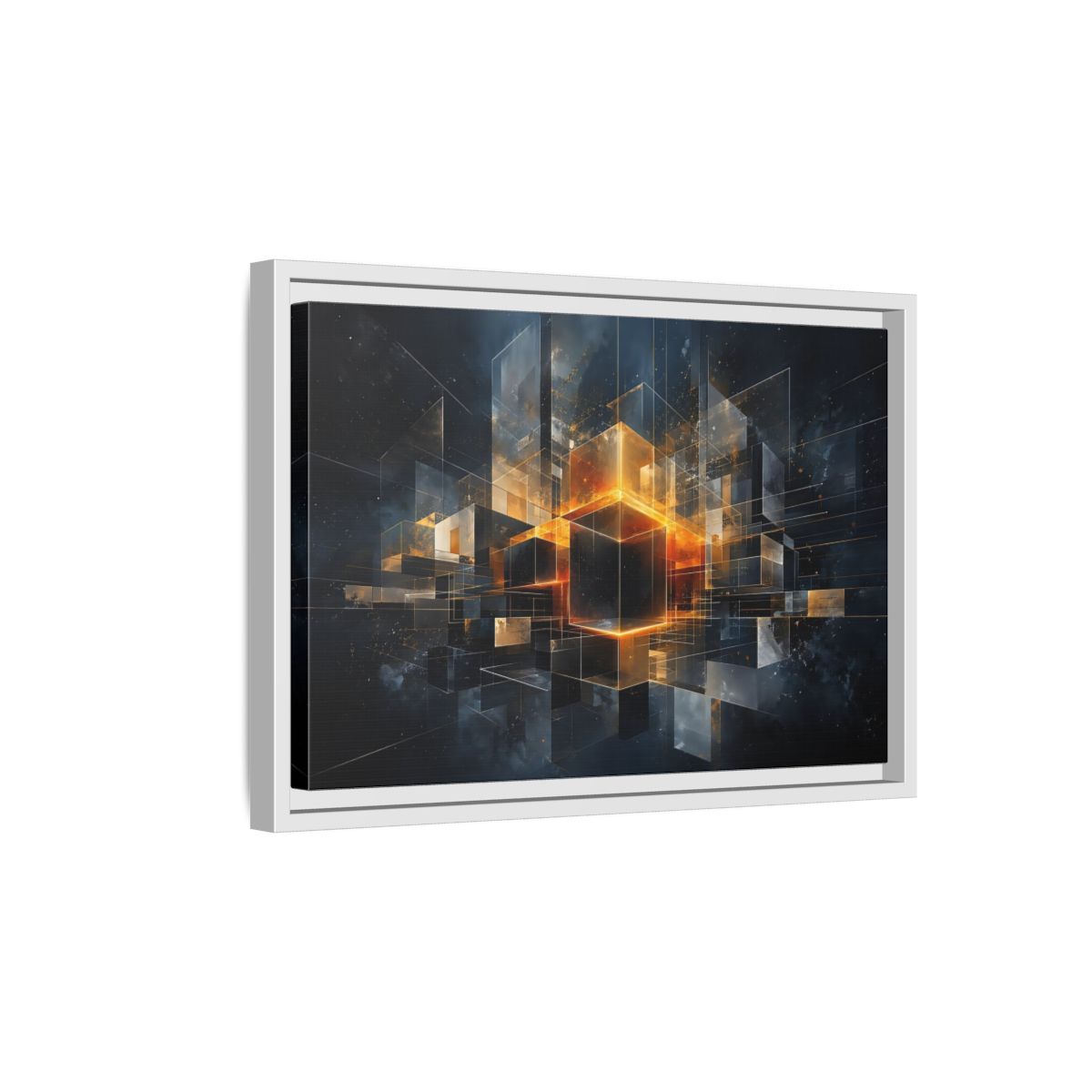 Side Mockup 4. Abstract Geometric Cubes Dark Gold Cubes shown as stretched canvas wall art