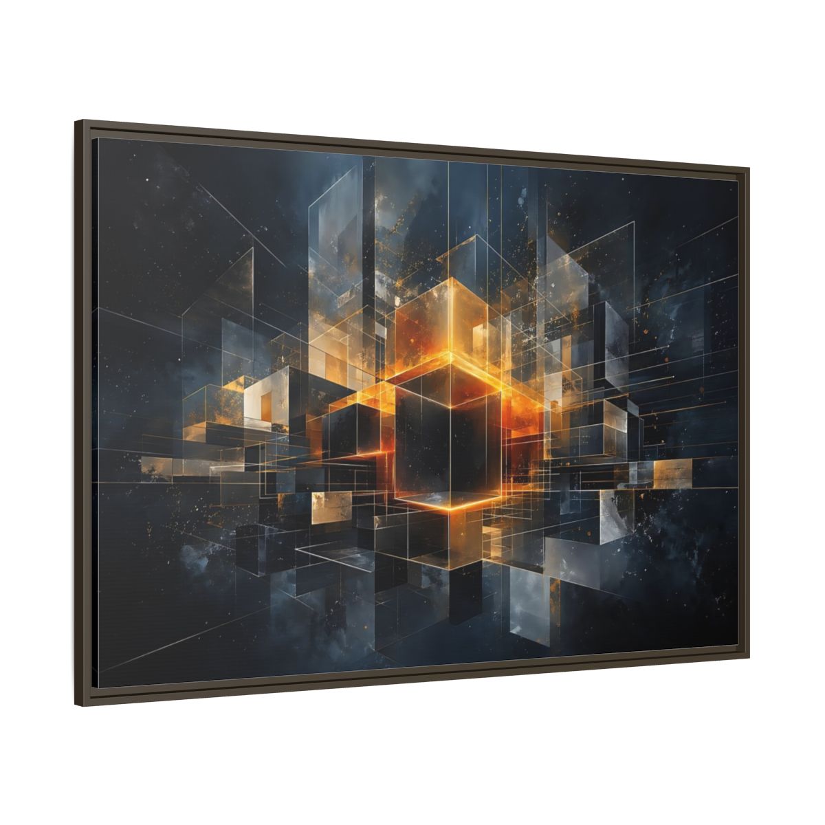 Side Mockup 8. Abstract Geometric Cubes Dark Gold Cubes shown as stretched canvas wall art