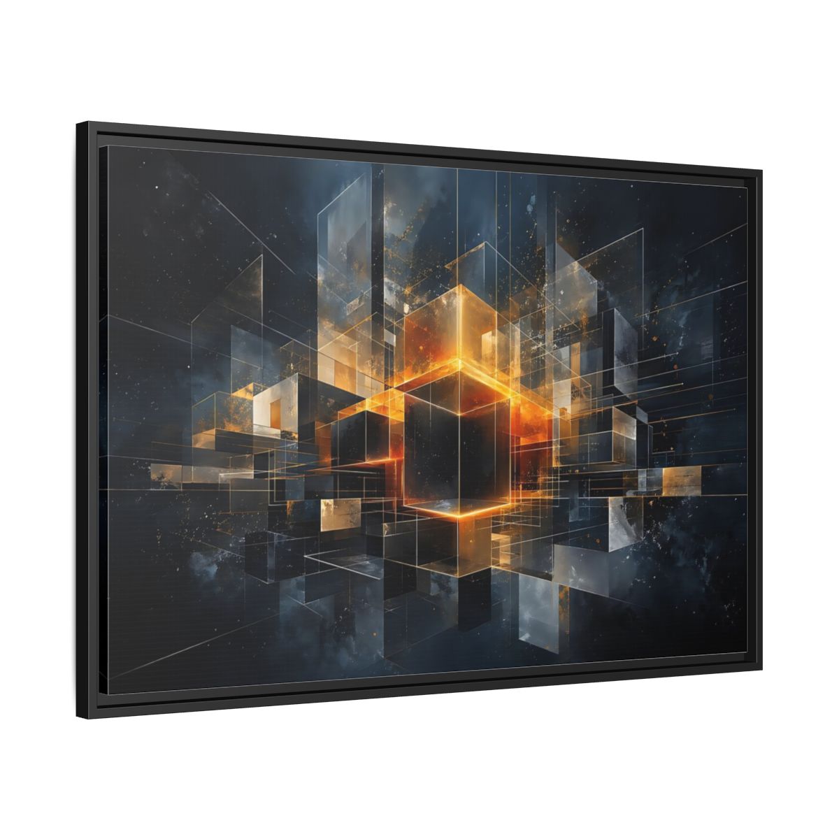 Side Mockup 13. Abstract Geometric Cubes Dark Gold Cubes shown as stretched canvas wall art