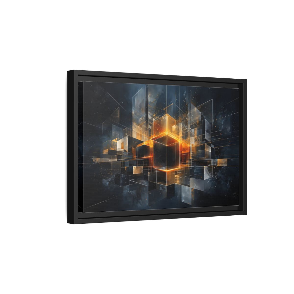 Side Mockup 6. Abstract Geometric Cubes Dark Gold Cubes shown as stretched canvas wall art