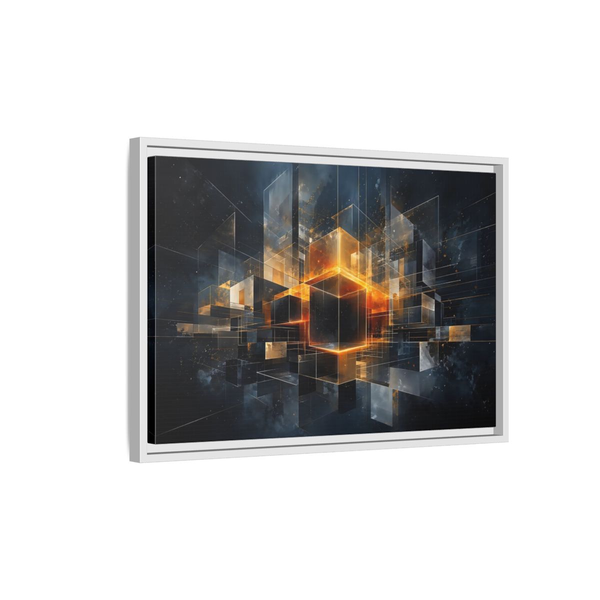 Side Mockup 1. Abstract Geometric Cubes Dark Gold Cubes shown as stretched canvas wall art