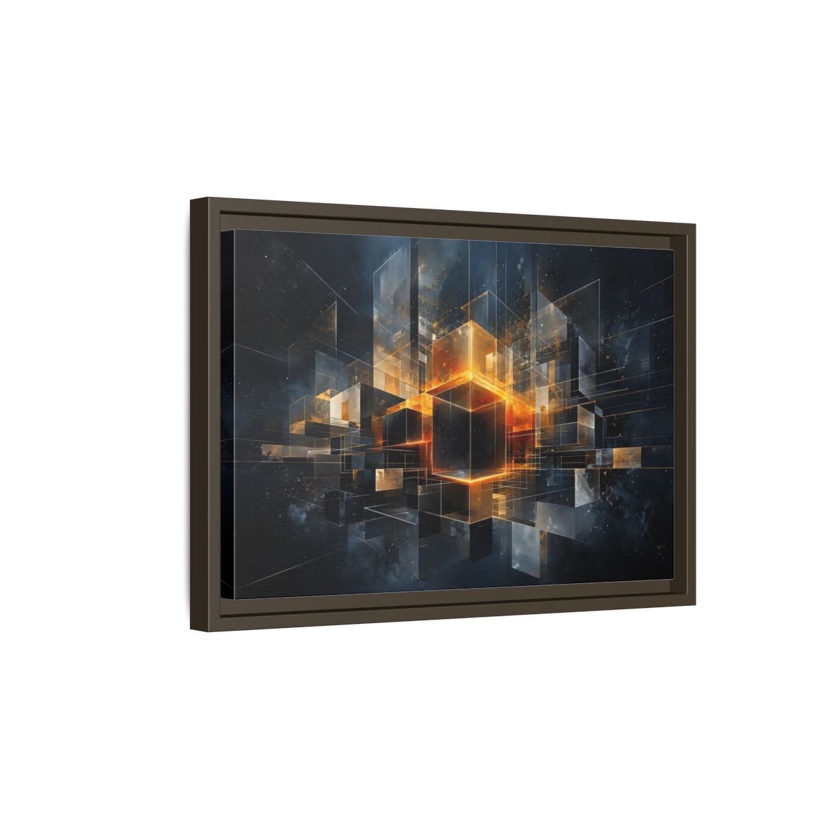 Side Mockup 5. Abstract Geometric Cubes Dark Gold Cubes shown as stretched canvas wall art