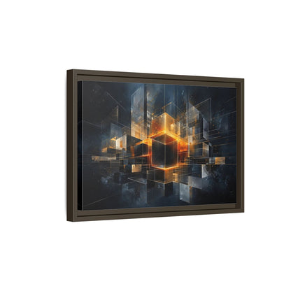 Side Mockup 5. Abstract Geometric Cubes Dark Gold Cubes shown as stretched canvas wall art