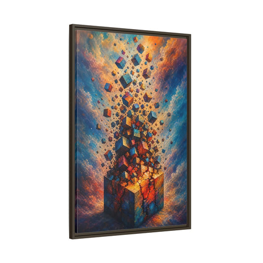 Main Mockup. Abstract Geometric Cubes Orange And Blue shown as stretched canvas wall art