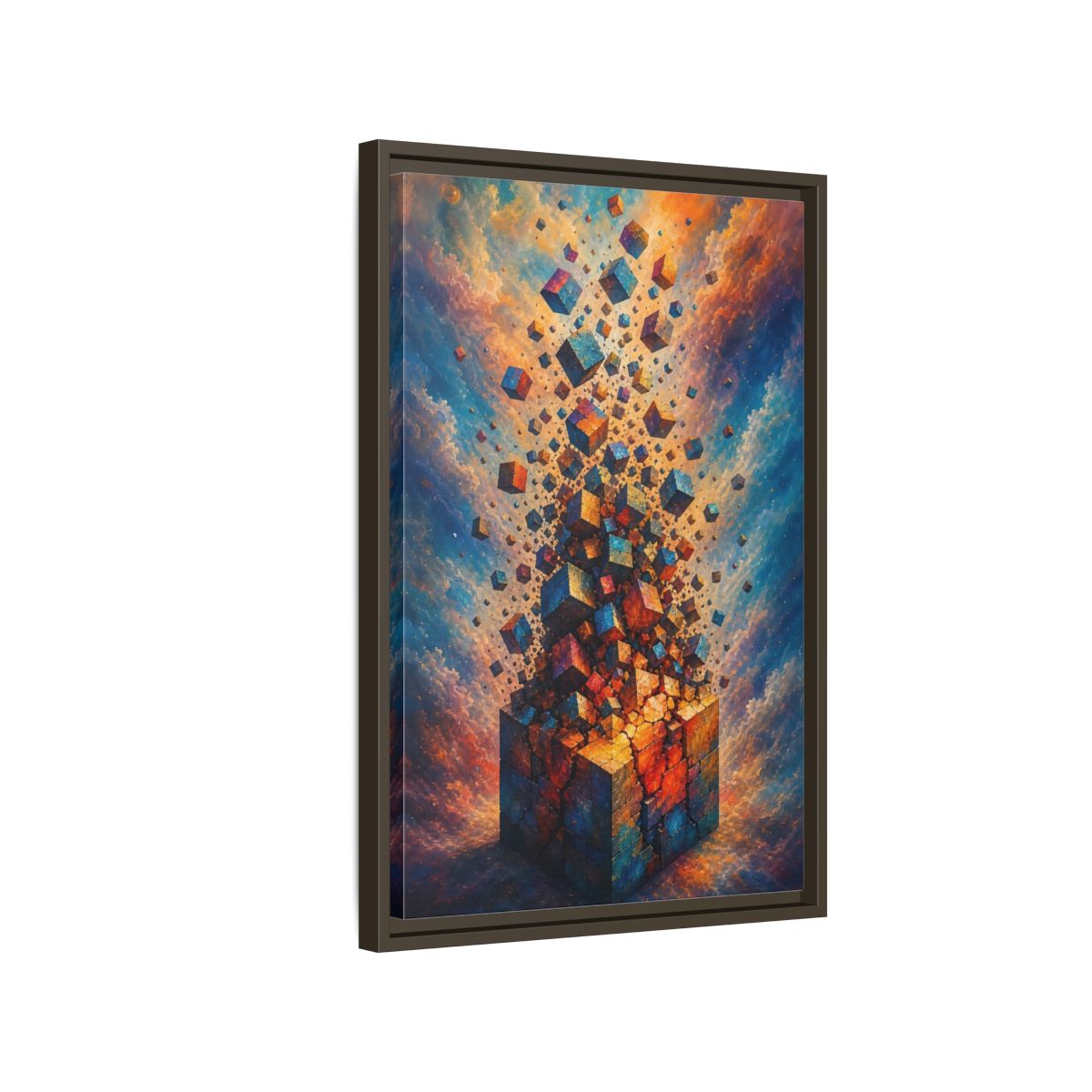 Side Mockup 2. Abstract Geometric Cubes Orange And Blue shown as stretched canvas wall art