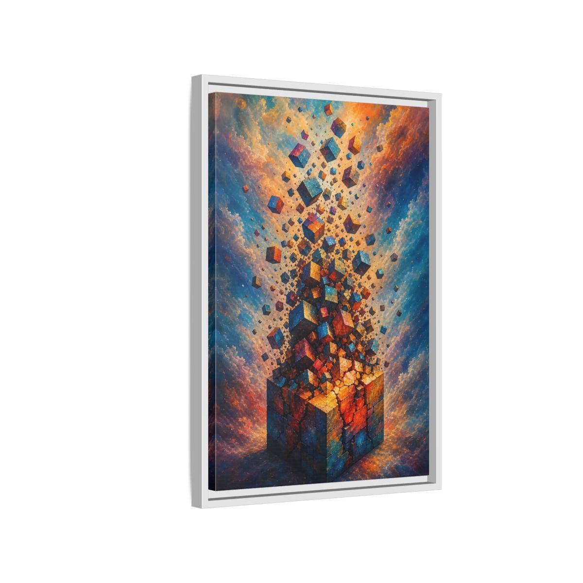 Side Mockup 1. Abstract Geometric Cubes Orange And Blue shown as stretched canvas wall art