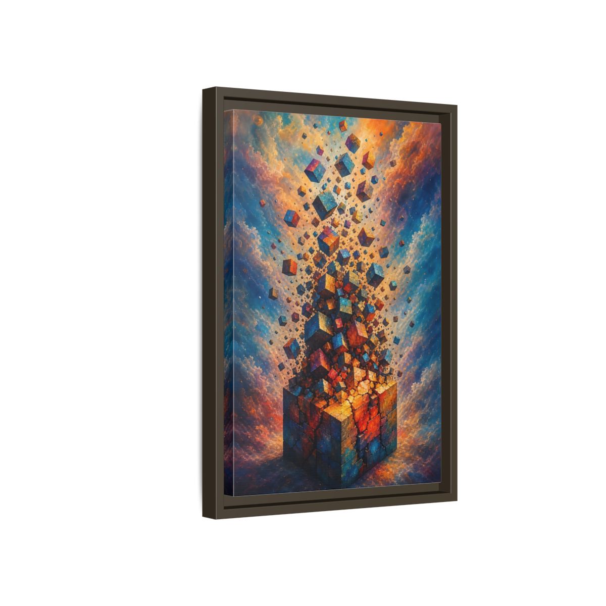 Side Mockup 5. Abstract Geometric Cubes Orange And Blue shown as stretched canvas wall art