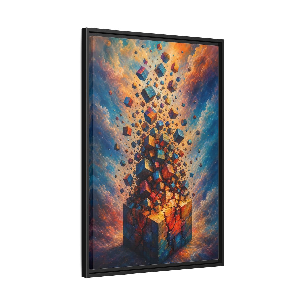 Side Mockup 14. Abstract Geometric Cubes Orange And Blue shown as stretched canvas wall art