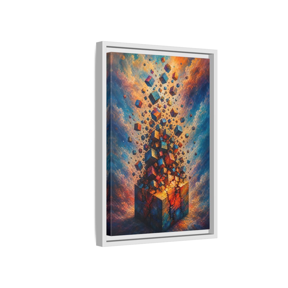 Side Mockup 4. Abstract Geometric Cubes Orange And Blue shown as stretched canvas wall art