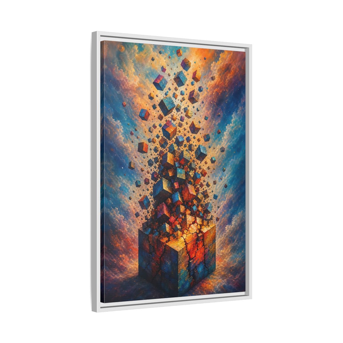 Side Mockup 10. Abstract Geometric Cubes Orange And Blue shown as stretched canvas wall art