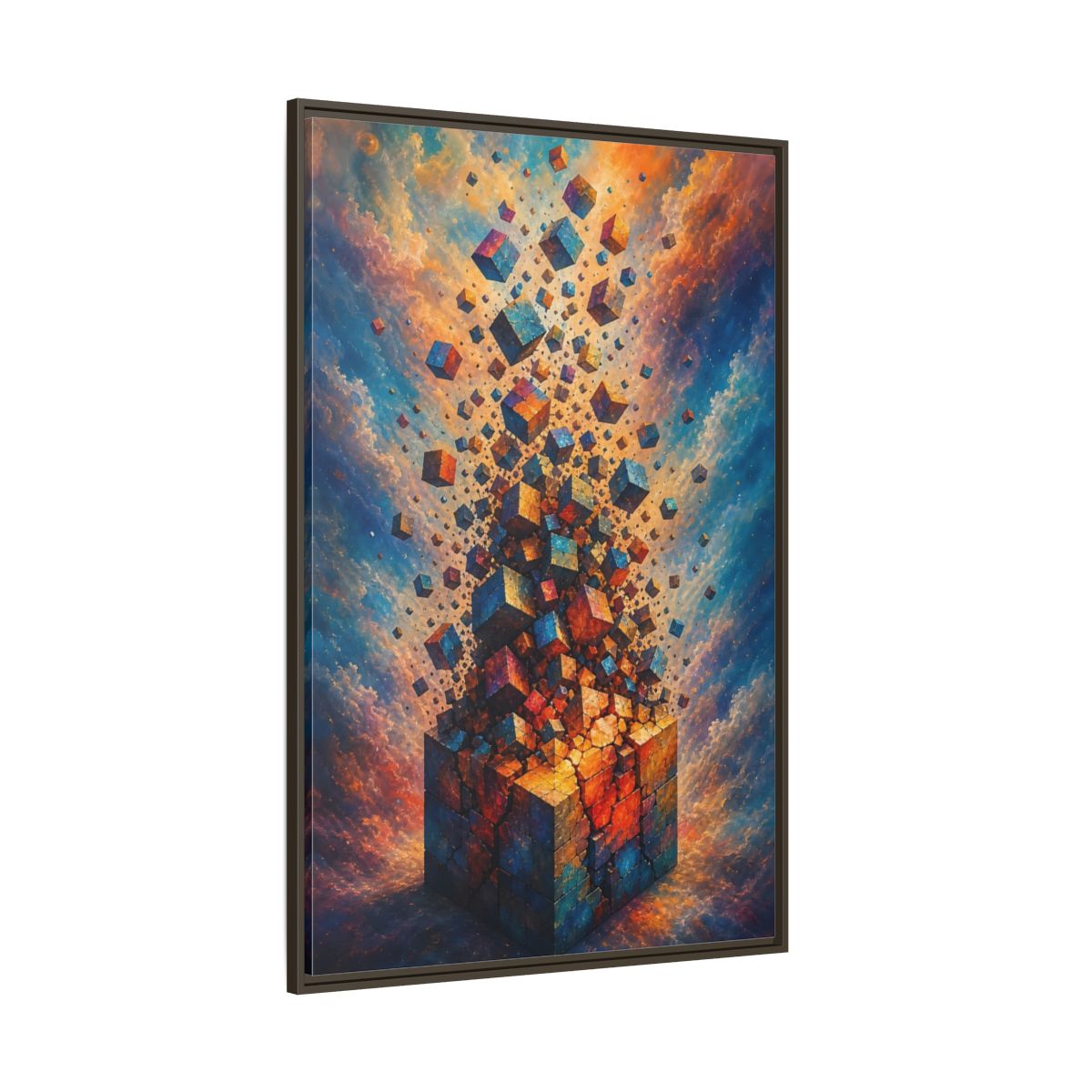 Side Mockup 8. Abstract Geometric Cubes Orange And Blue shown as stretched canvas wall art