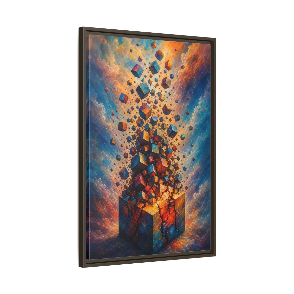 Side Mockup 11. Abstract Geometric Cubes Orange And Blue shown as stretched canvas wall art