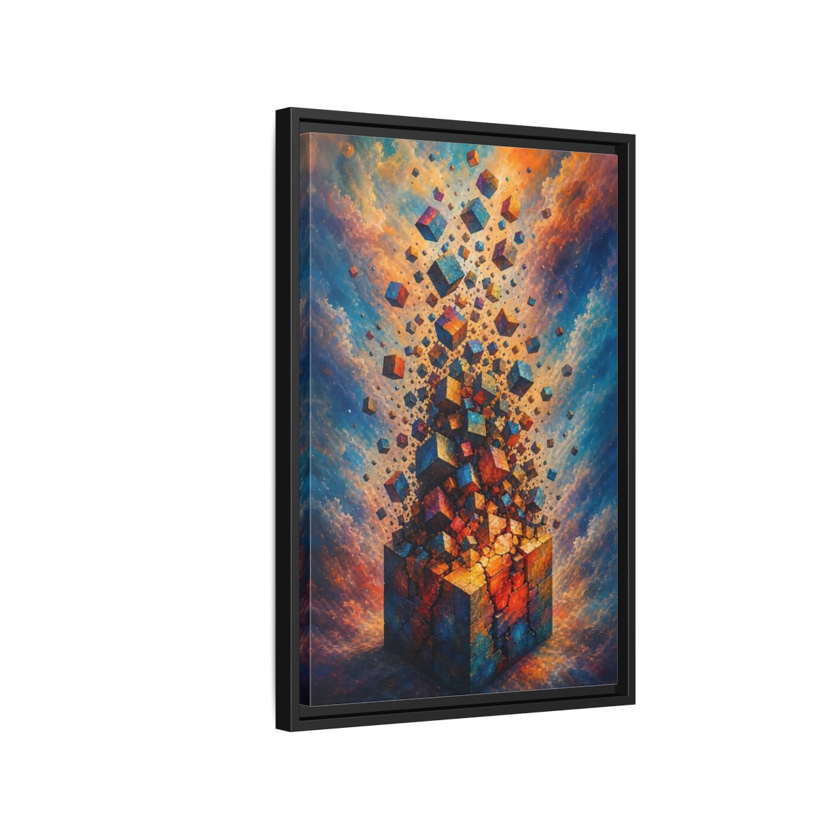 Side Mockup 3. Abstract Geometric Cubes Orange And Blue shown as stretched canvas wall art