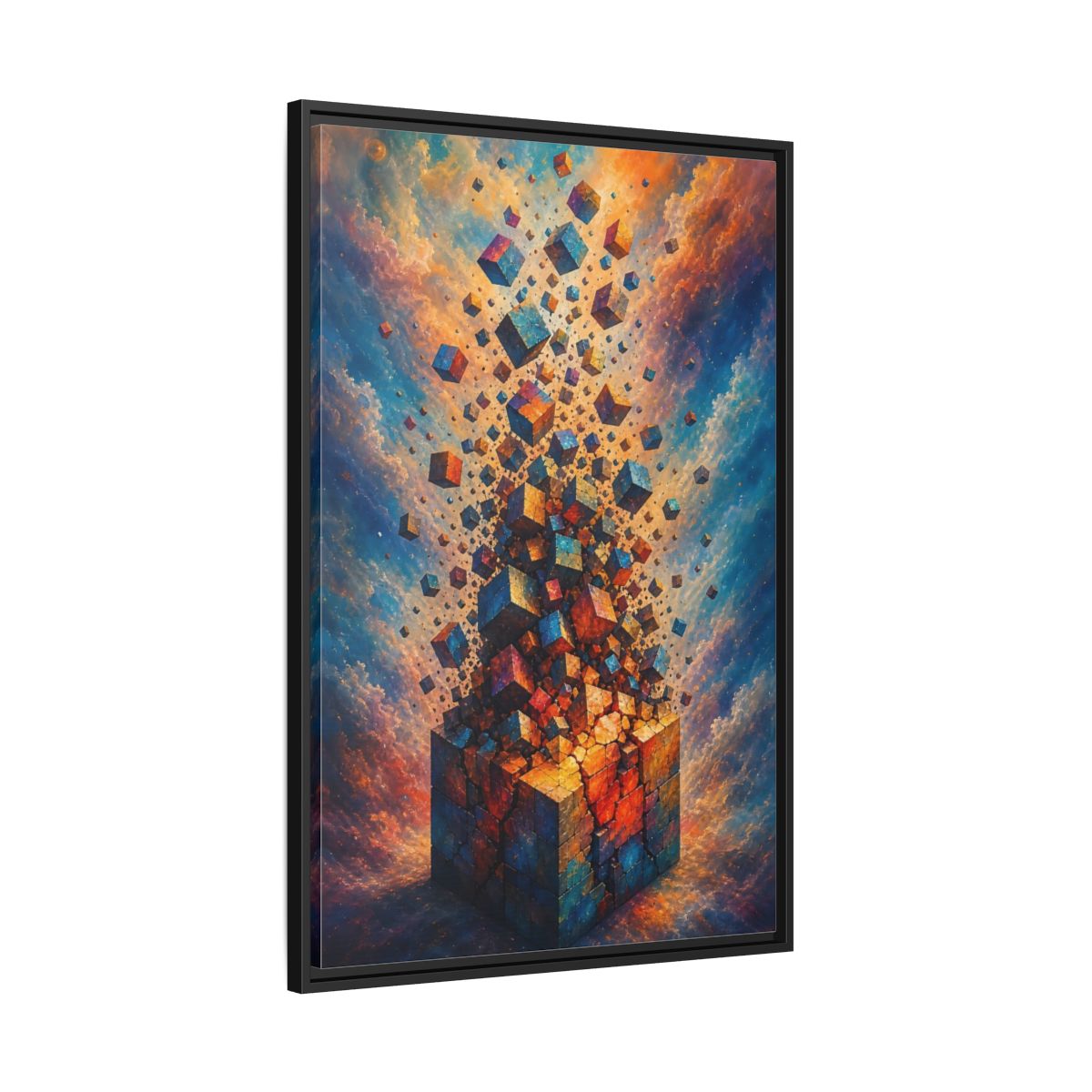 Side Mockup 13. Abstract Geometric Cubes Orange And Blue shown as stretched canvas wall art