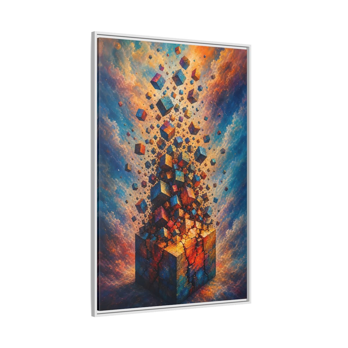 Side Mockup 7. Abstract Geometric Cubes Orange And Blue shown as stretched canvas wall art