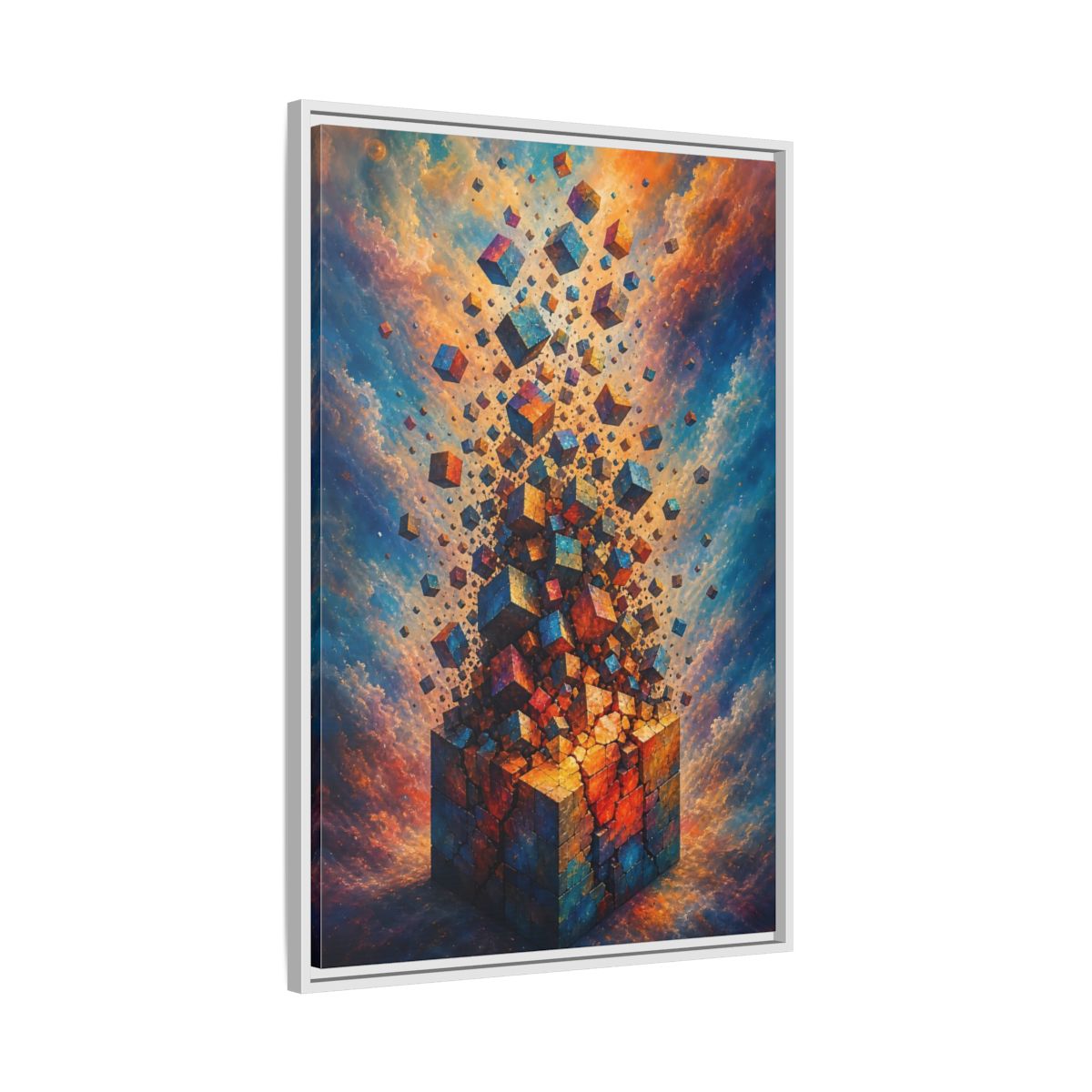 Side Mockup 9. Abstract Geometric Cubes Orange And Blue shown as stretched canvas wall art