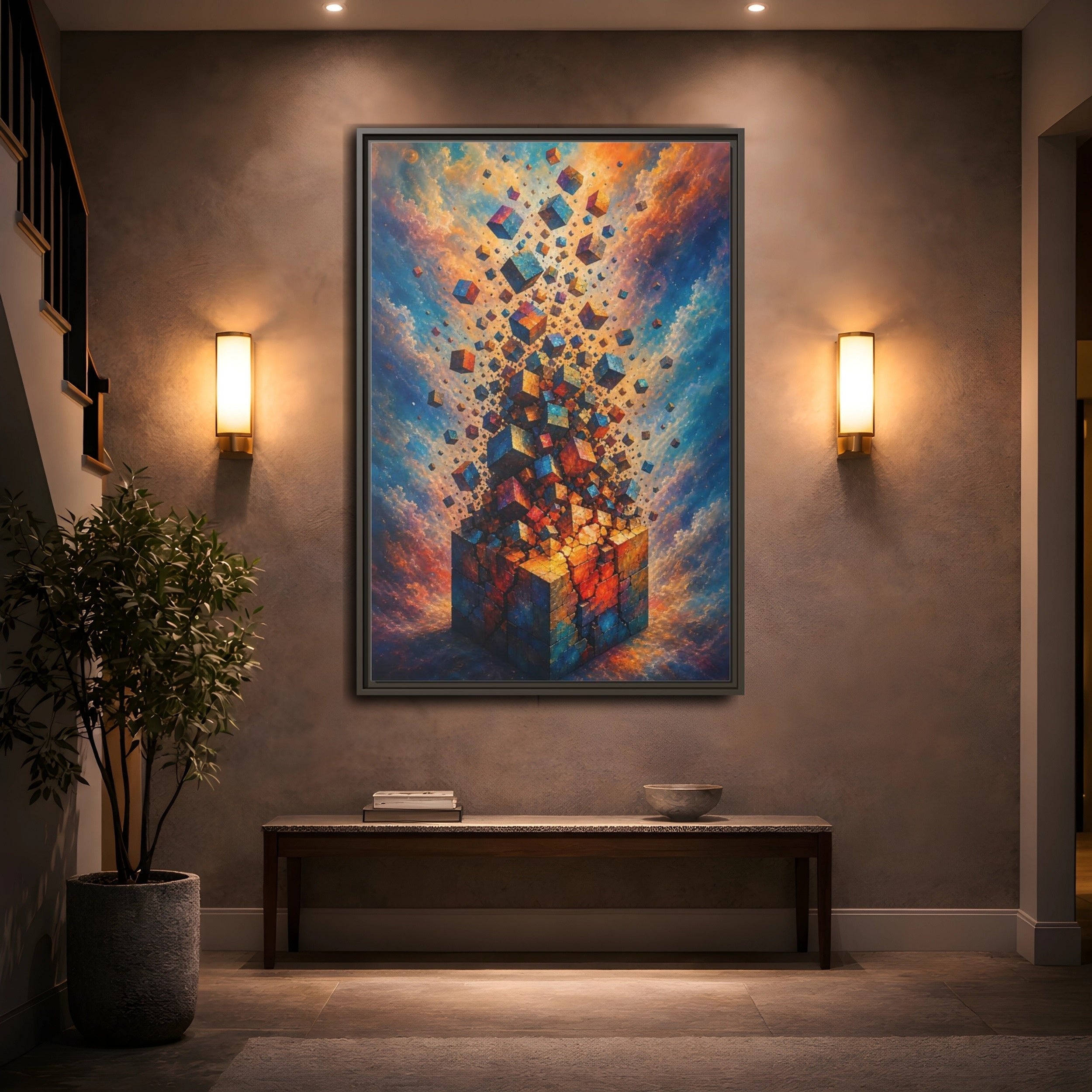 Mockup 2. Abstract Geometric Cubes Orange And Blue shown as stretched canvas wall art