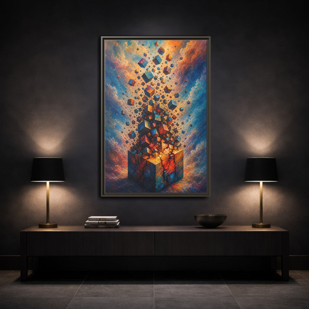 Mockup 3. Abstract Geometric Cubes Orange And Blue shown as stretched canvas wall art