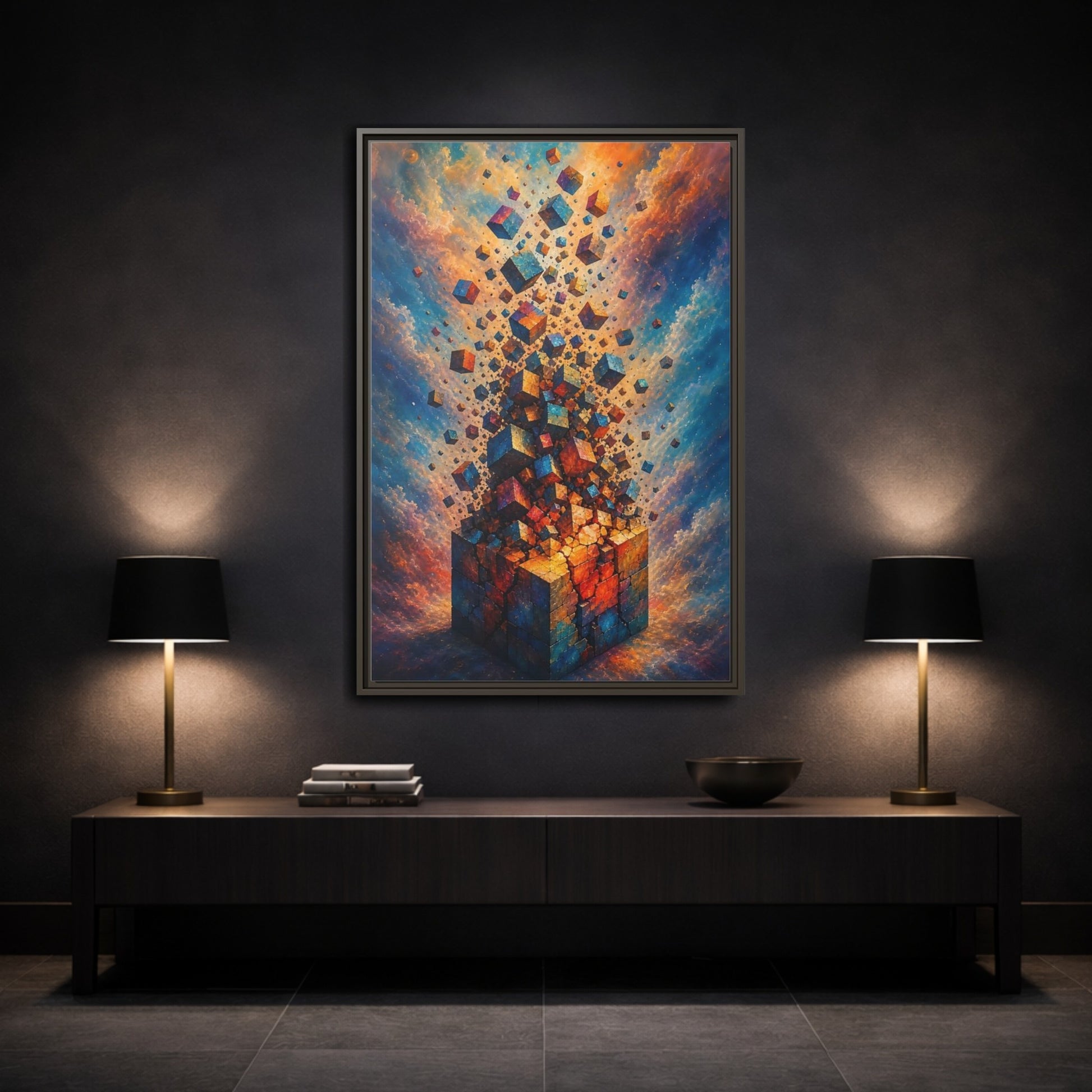 Mockup 3. Abstract Geometric Cubes Orange And Blue shown as stretched canvas wall art