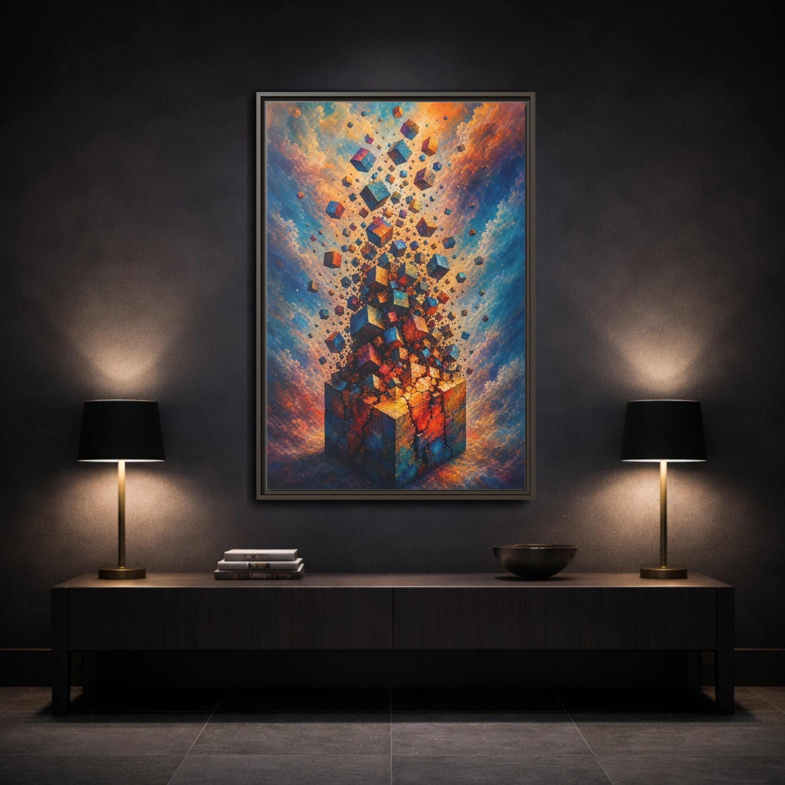 Mockup 3. Abstract Geometric Cubes Orange And Blue shown as stretched canvas wall art