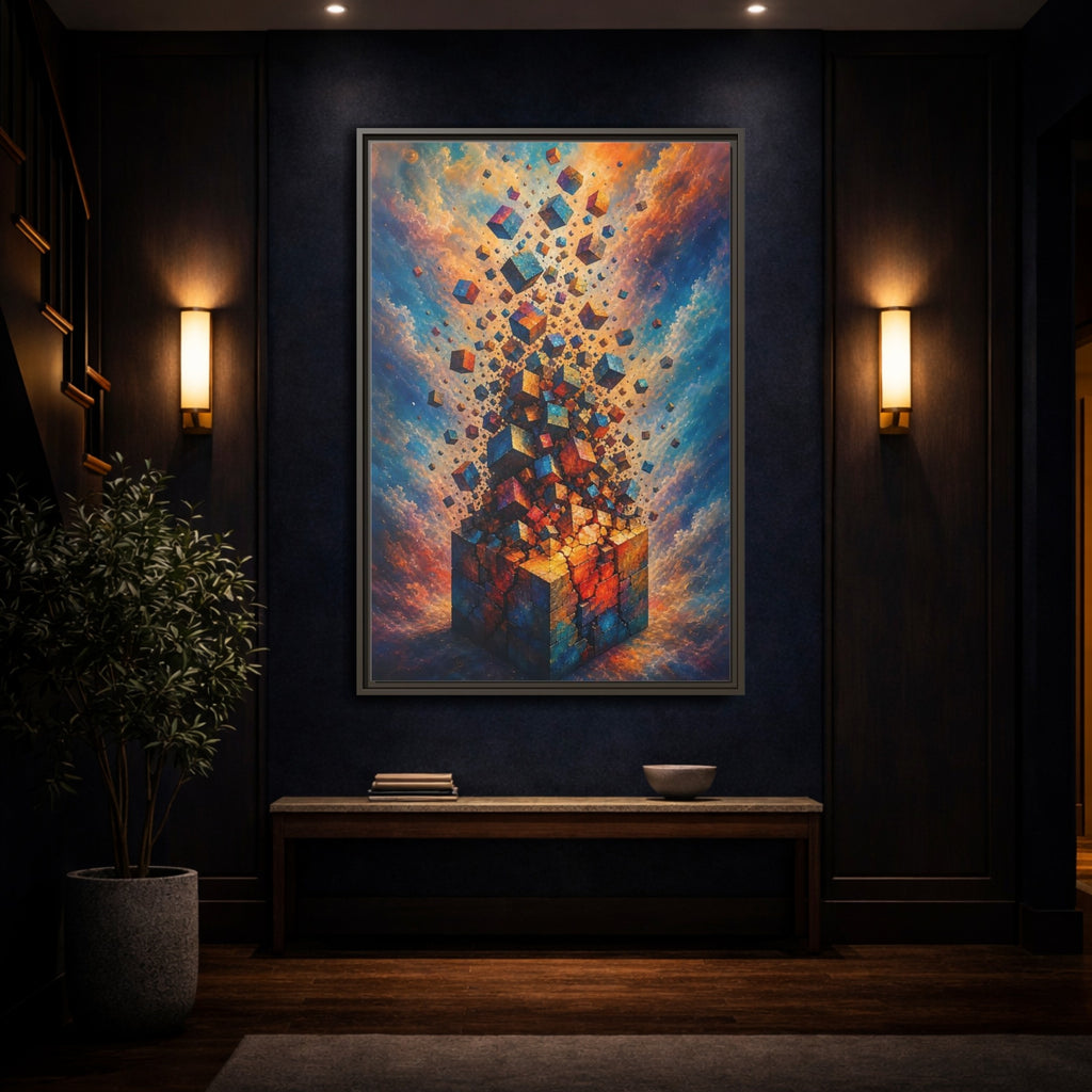 Mockup 4. Abstract Geometric Cubes Orange And Blue shown as stretched canvas wall art