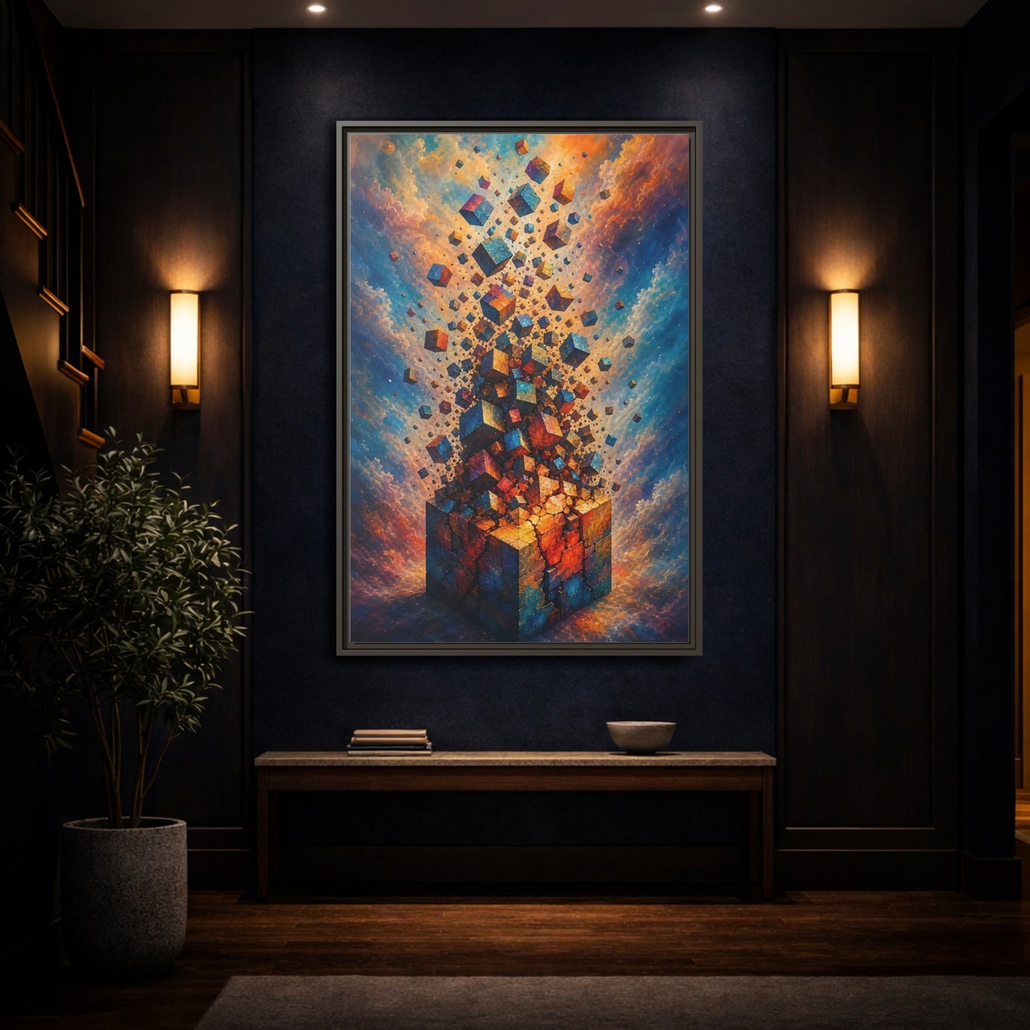 Mockup 4. Abstract Geometric Cubes Orange And Blue shown as stretched canvas wall art