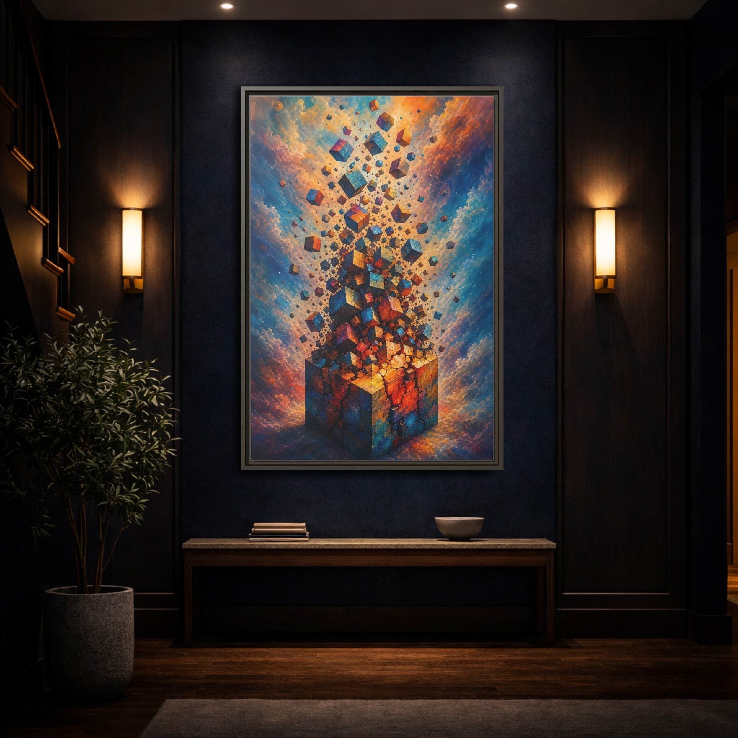 Mockup 4. Abstract Geometric Cubes Orange And Blue shown as stretched canvas wall art