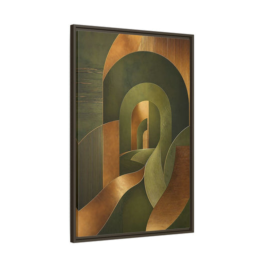 Main Mockup. Abstract Geometric Curves Olive Green Gold shown as stretched canvas wall art