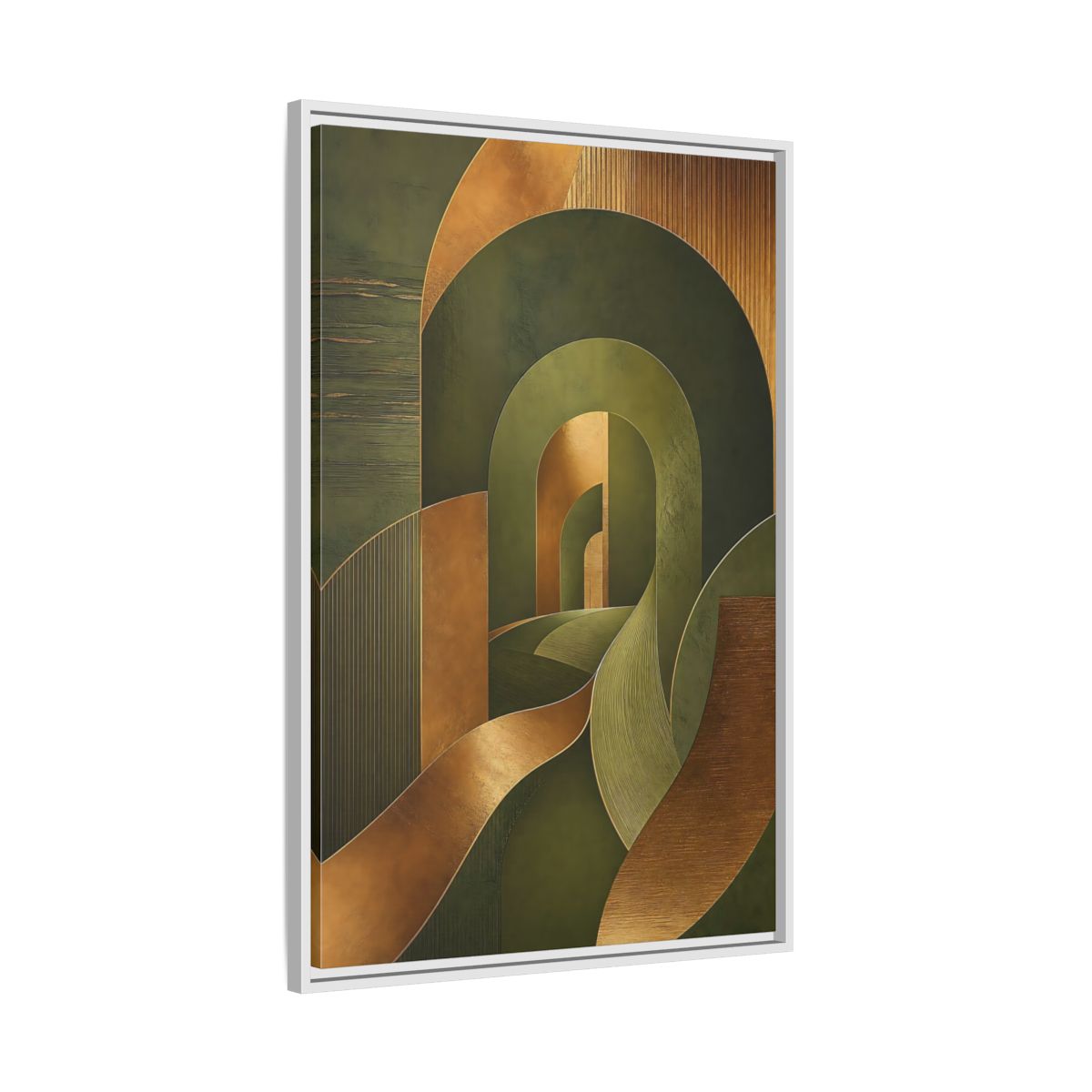 Side Mockup 9. Abstract Geometric Curves Olive Green Gold shown as stretched canvas wall art
