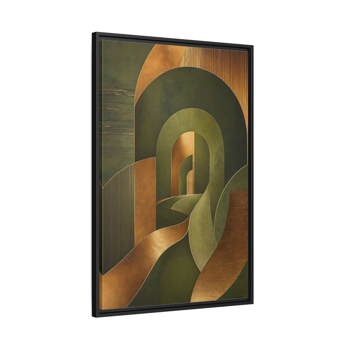 Side Mockup 13. Abstract Geometric Curves Olive Green Gold shown as stretched canvas wall art