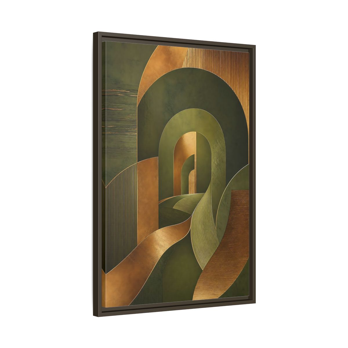 Side Mockup 11. Abstract Geometric Curves Olive Green Gold shown as stretched canvas wall art