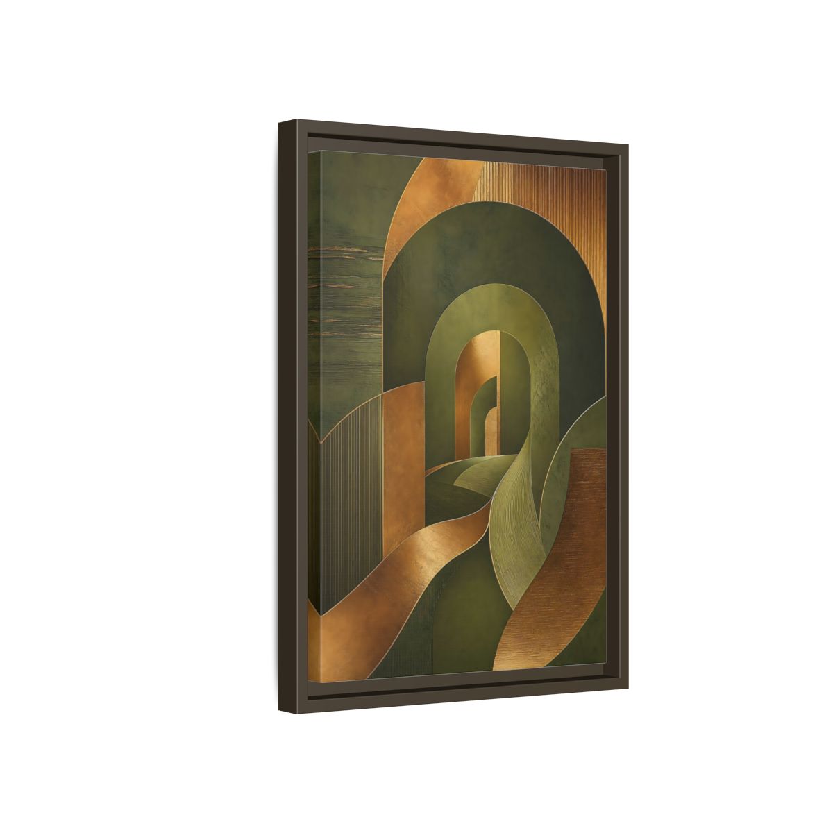 Side Mockup 5. Abstract Geometric Curves Olive Green Gold shown as stretched canvas wall art