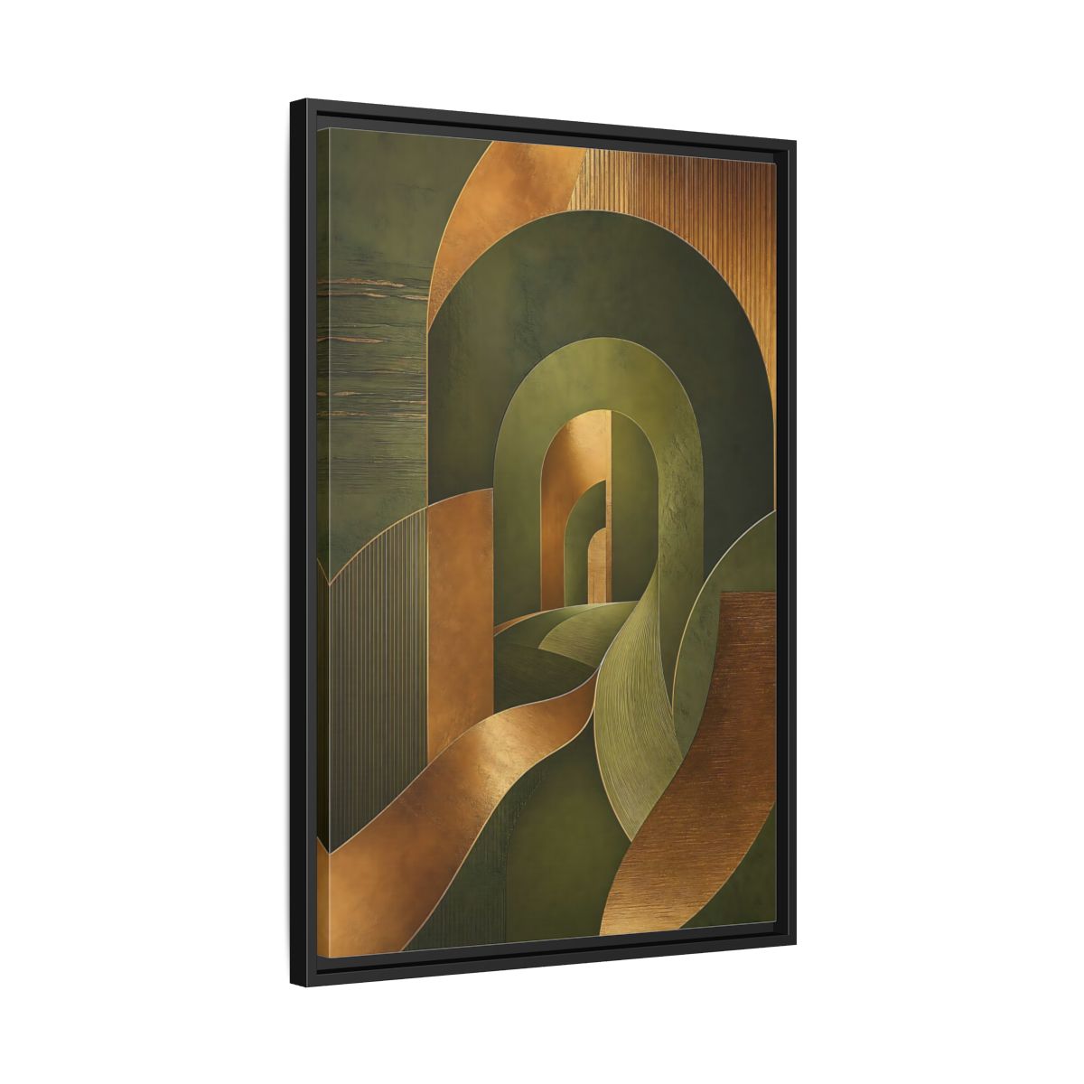 Side Mockup 14. Abstract Geometric Curves Olive Green Gold shown as stretched canvas wall art