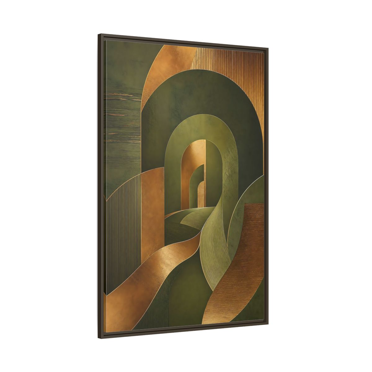 Side Mockup 8. Abstract Geometric Curves Olive Green Gold shown as stretched canvas wall art
