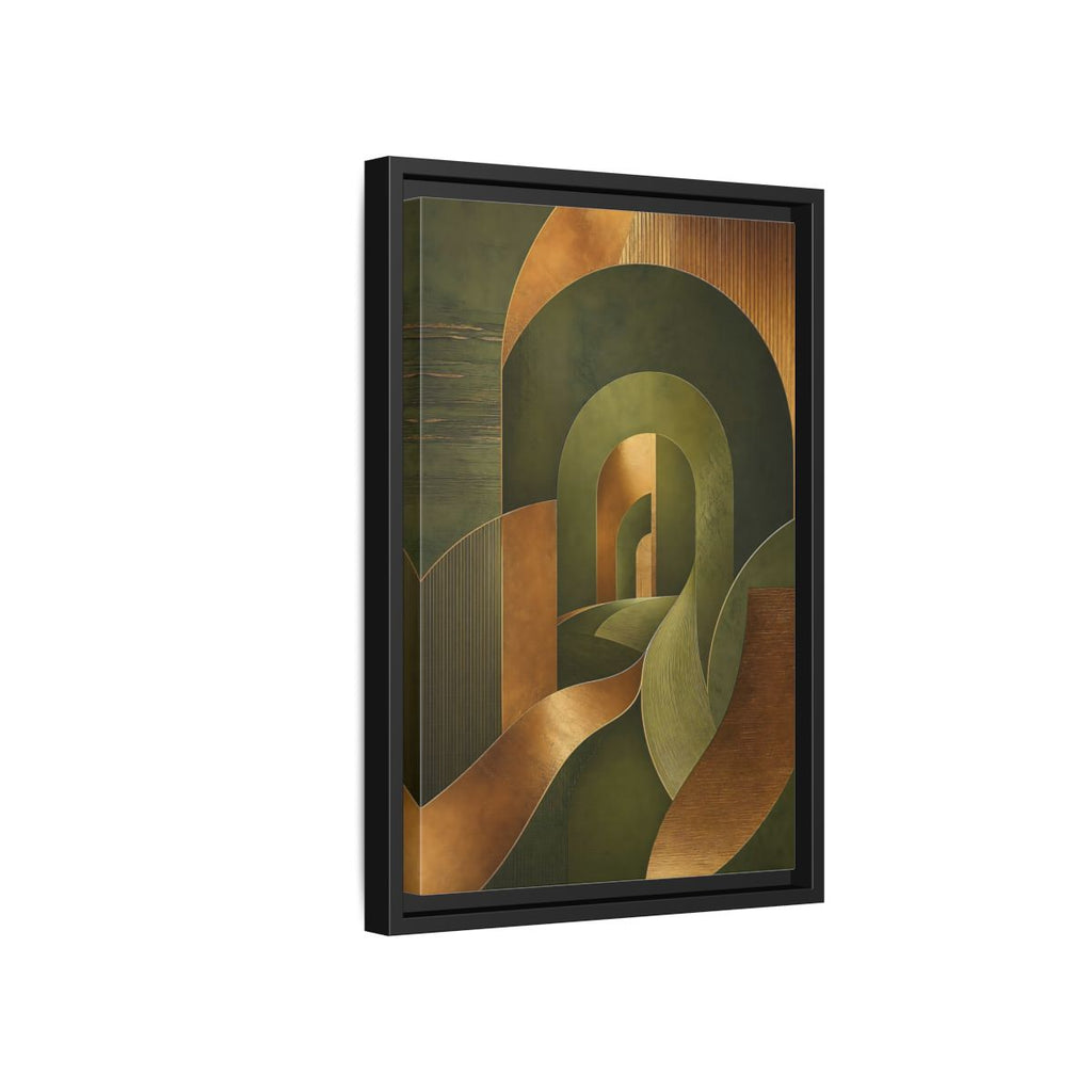 Side Mockup 6. Abstract Geometric Curves Olive Green Gold shown as stretched canvas wall art