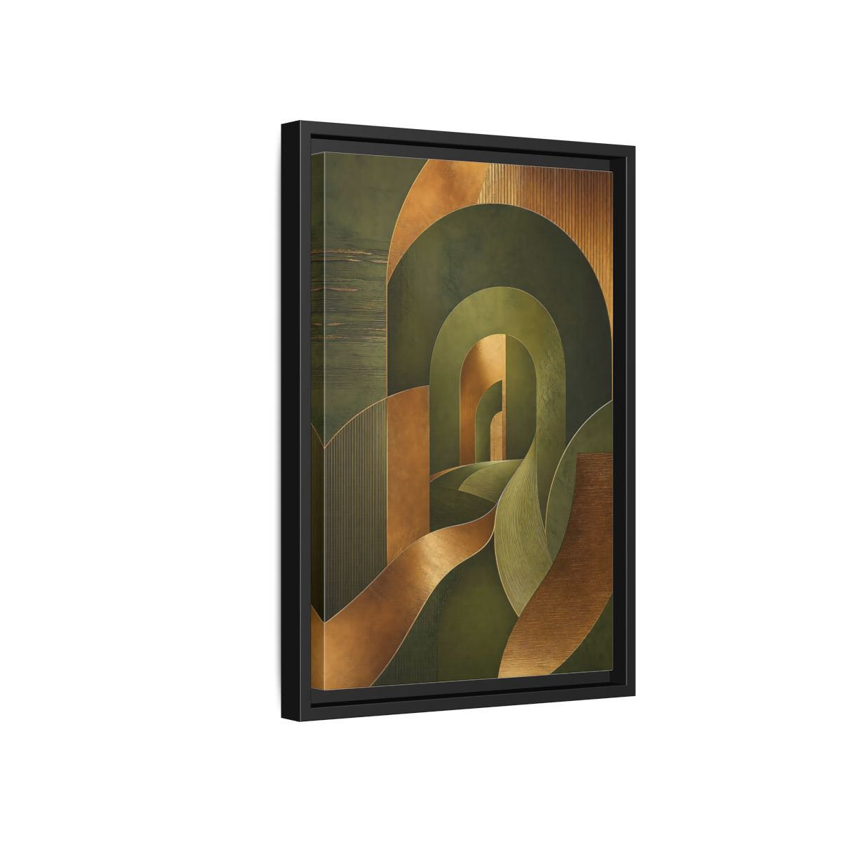 Side Mockup 6. Abstract Geometric Curves Olive Green Gold shown as stretched canvas wall art