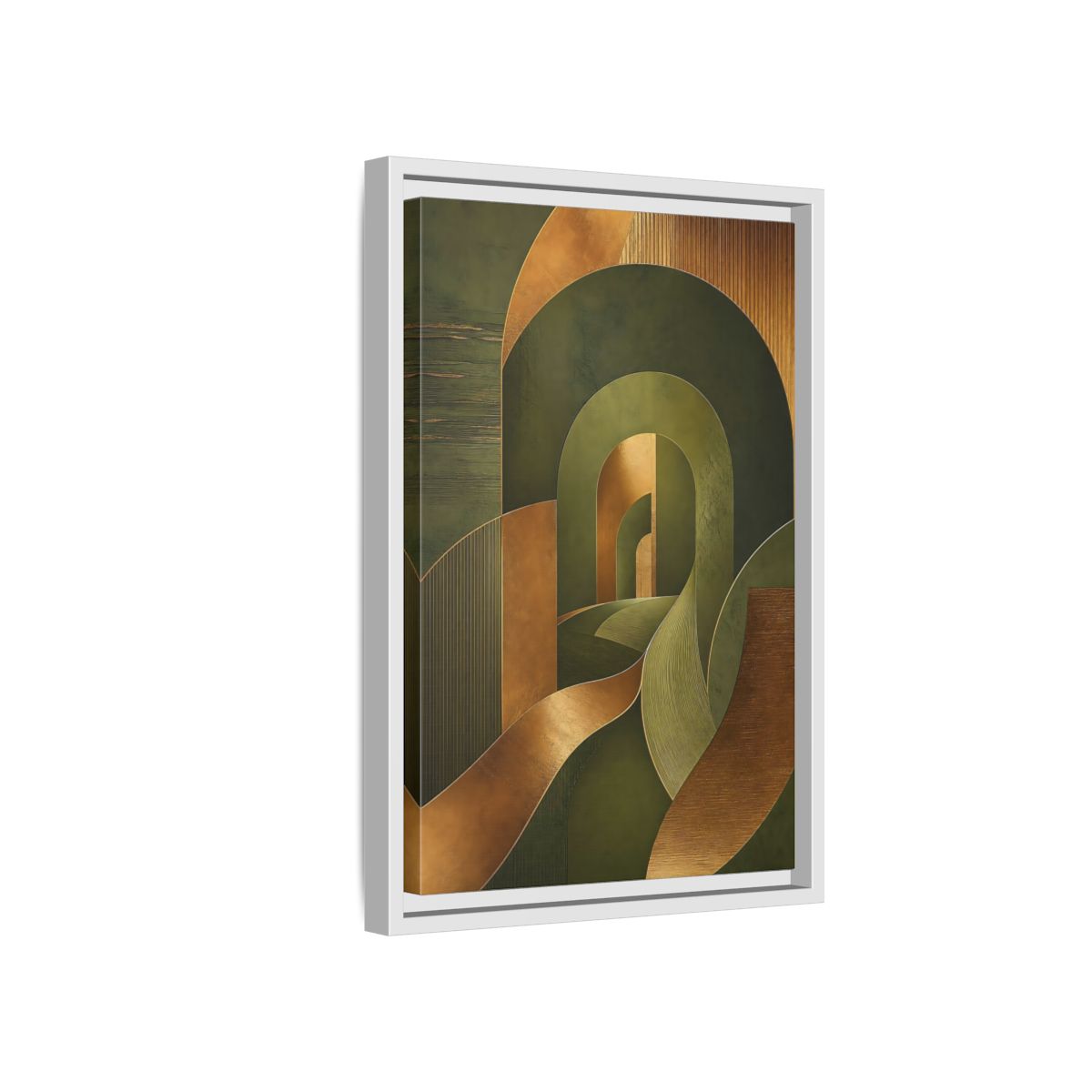 Side Mockup 4. Abstract Geometric Curves Olive Green Gold shown as stretched canvas wall art