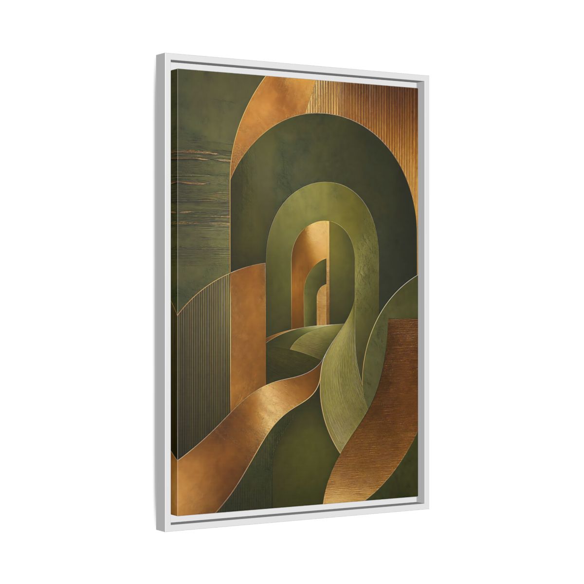 Side Mockup 10. Abstract Geometric Curves Olive Green Gold shown as stretched canvas wall art