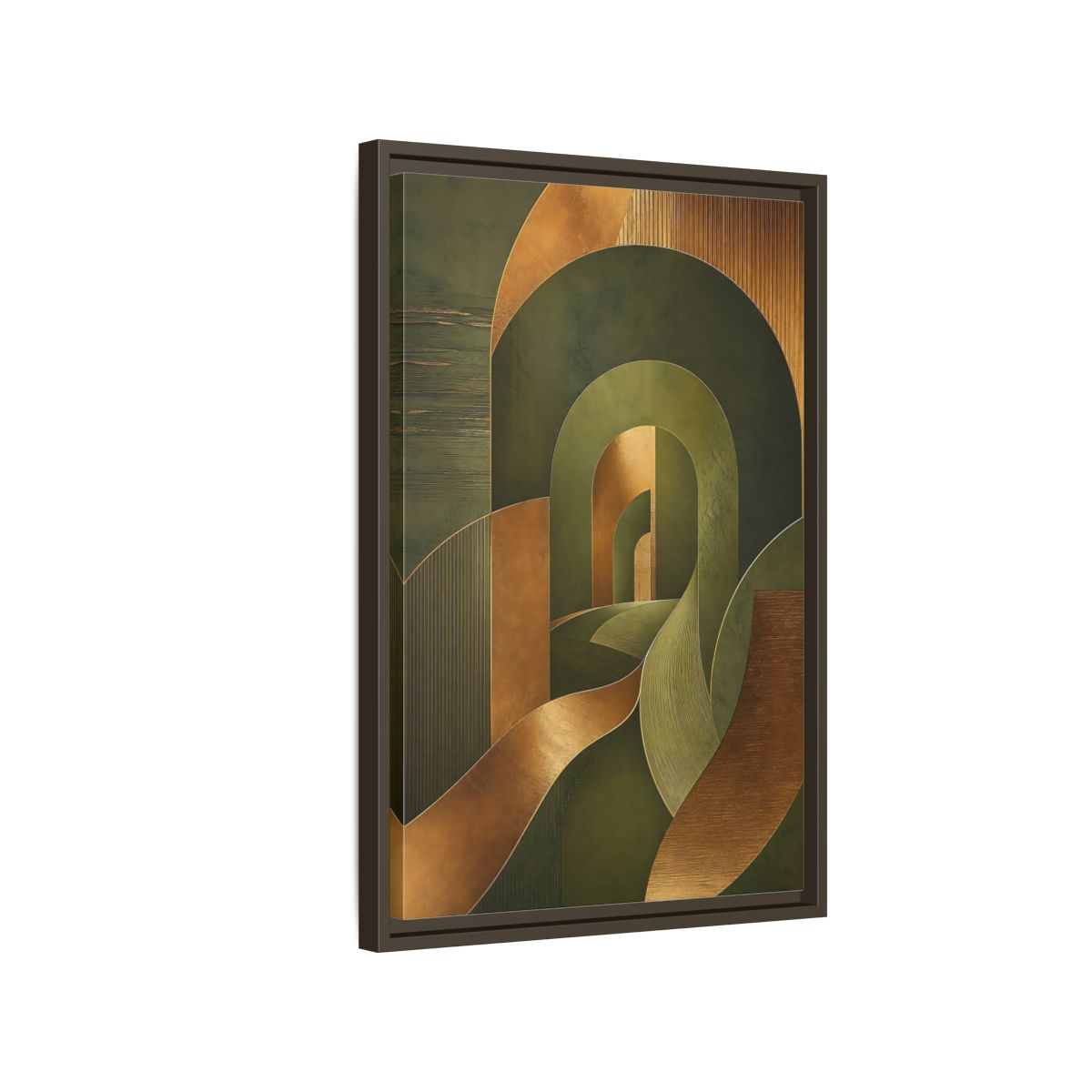 Side Mockup 2. Abstract Geometric Curves Olive Green Gold shown as stretched canvas wall art
