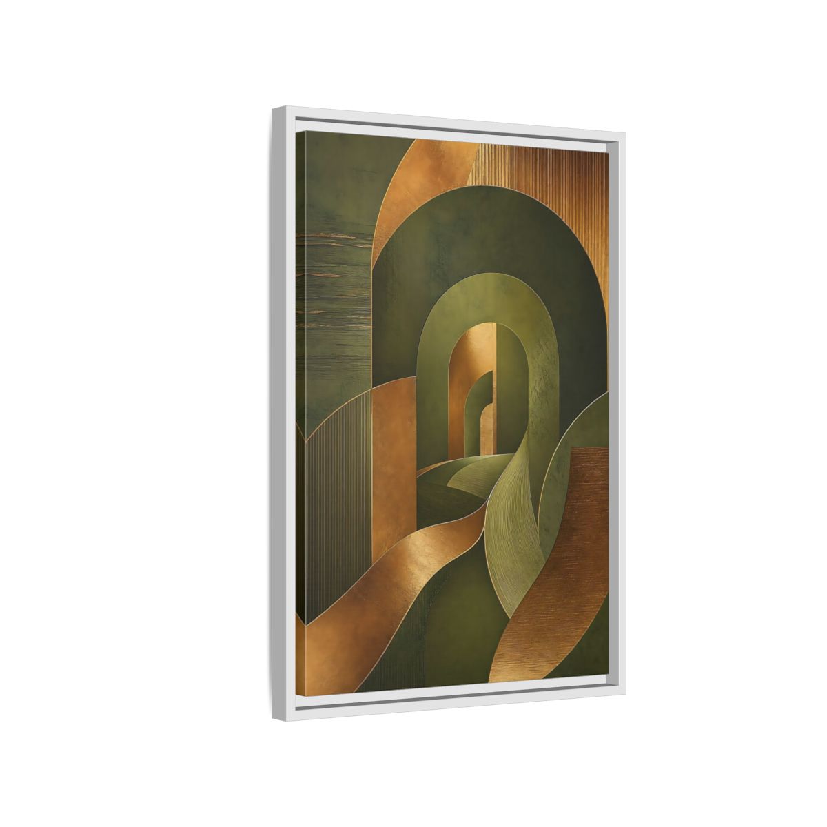 Side Mockup 1. Abstract Geometric Curves Olive Green Gold shown as stretched canvas wall art