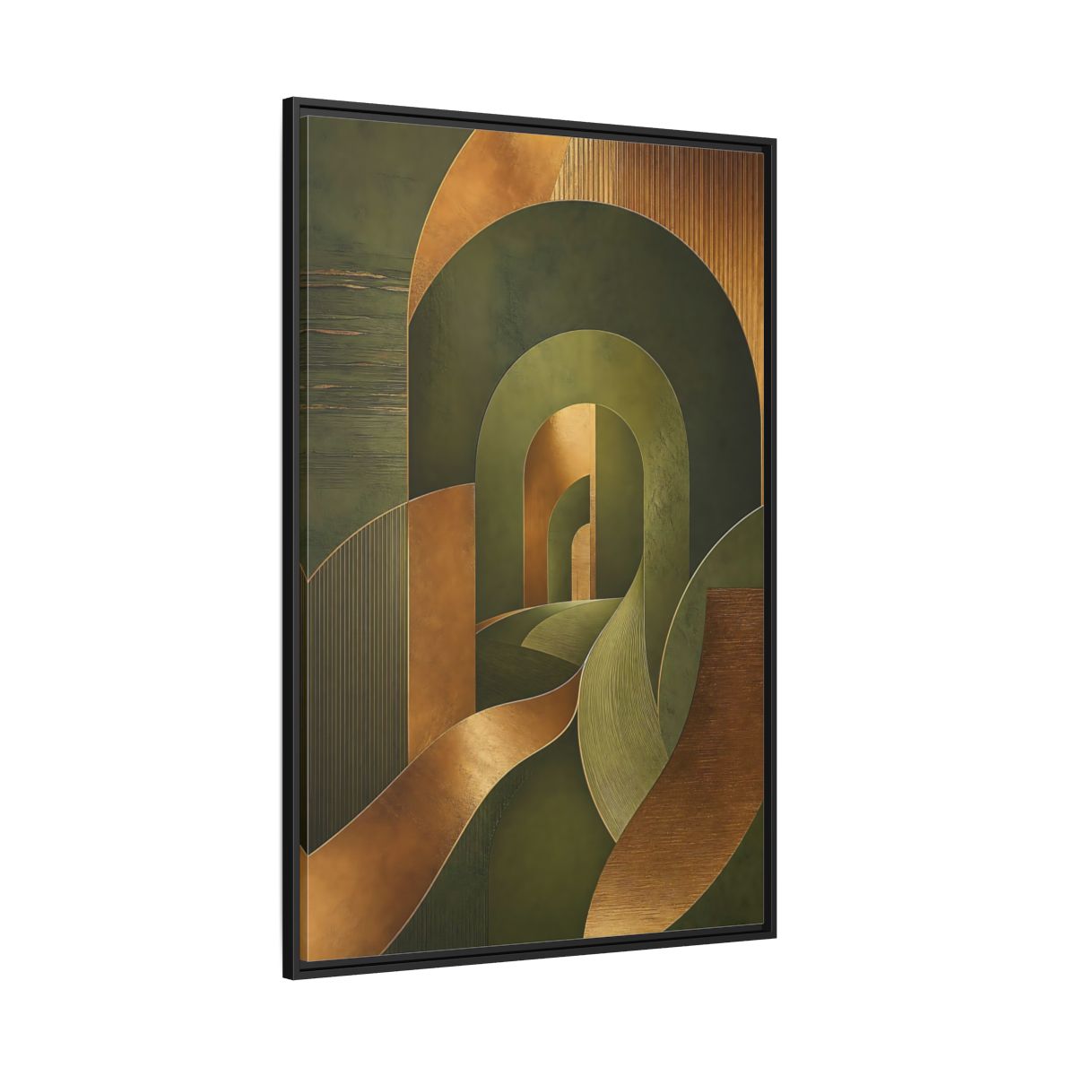 Side Mockup 12. Abstract Geometric Curves Olive Green Gold shown as stretched canvas wall art