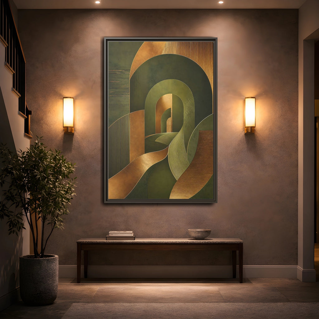 Mockup 2. Abstract Geometric Curves Olive Green Gold shown as stretched canvas wall art