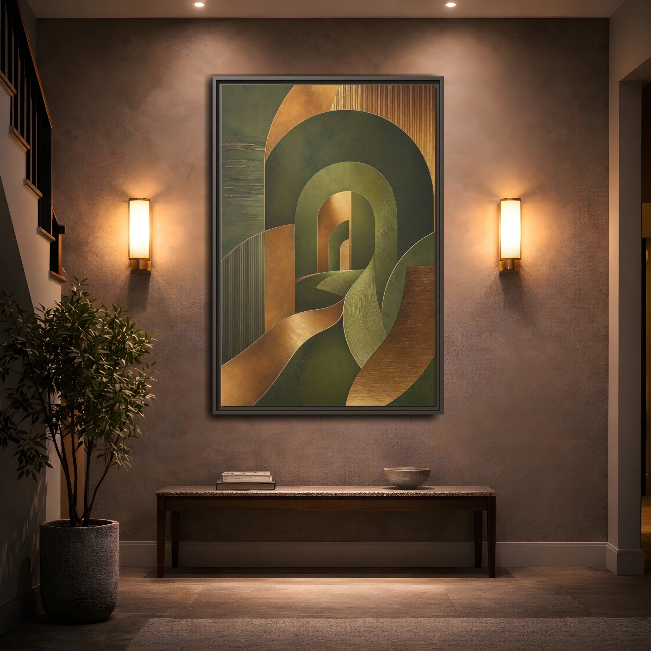 Mockup 2. Abstract Geometric Curves Olive Green Gold shown as stretched canvas wall art