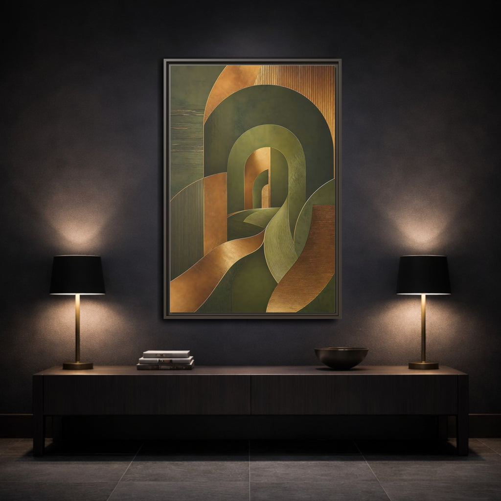 Mockup 3. Abstract Geometric Curves Olive Green Gold shown as stretched canvas wall art
