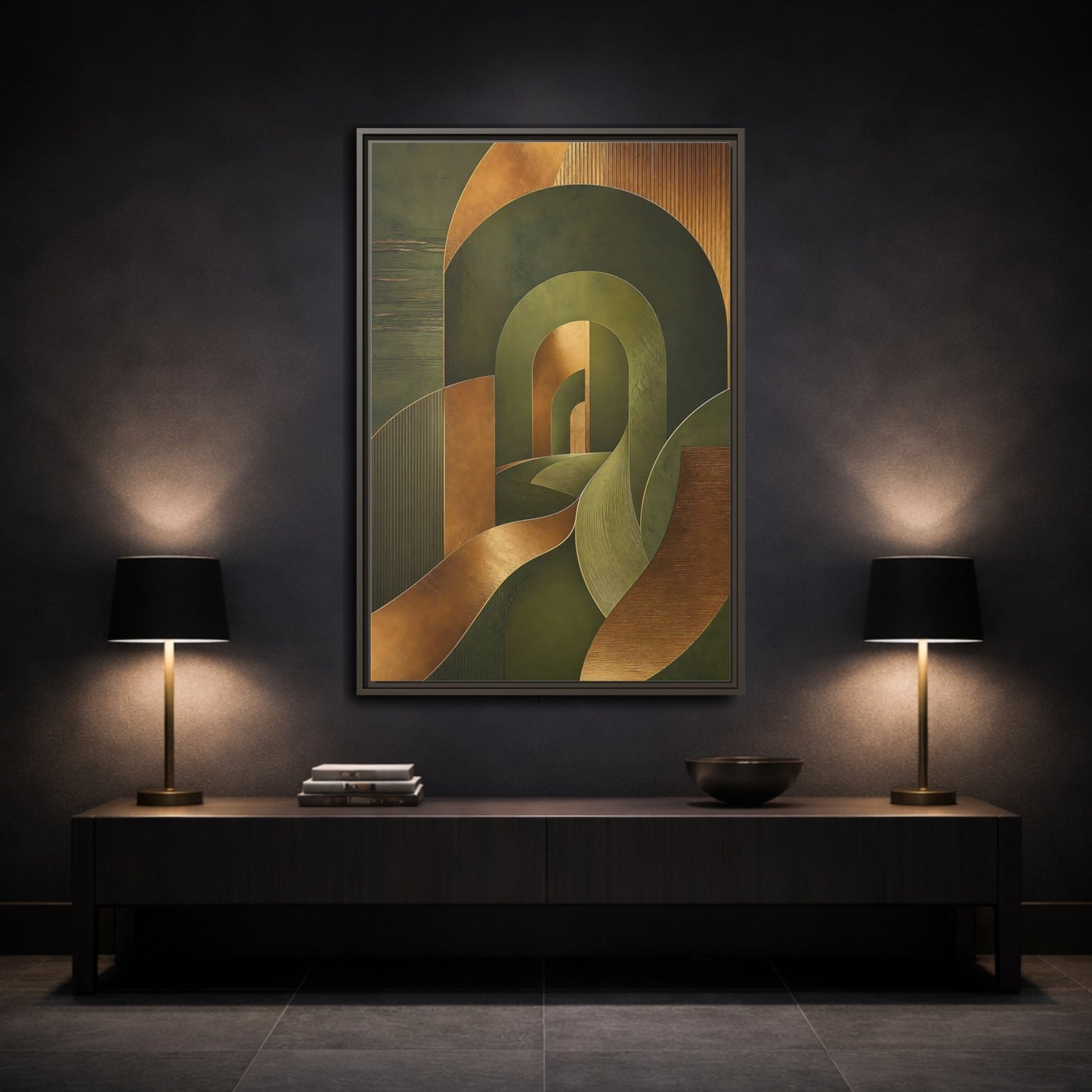 Mockup 3. Abstract Geometric Curves Olive Green Gold shown as stretched canvas wall art