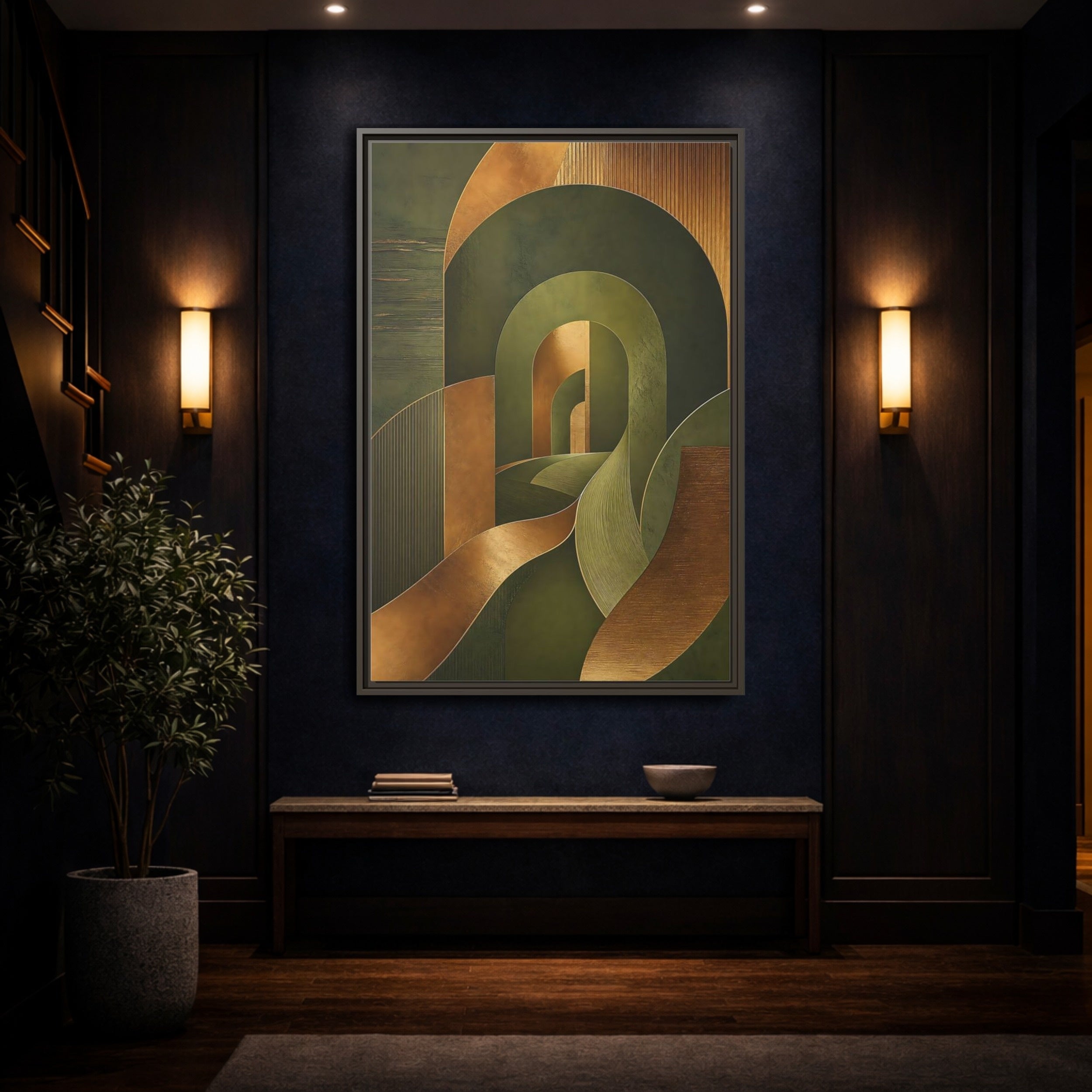 Mockup 4. Abstract Geometric Curves Olive Green Gold shown as stretched canvas wall art