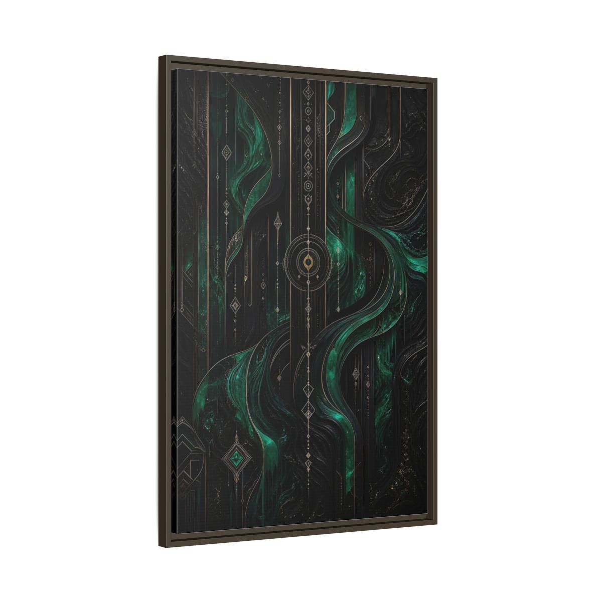 Main Mockup. Abstract Geometric Flow Emerald Gold Abstract shown as stretched canvas wall art