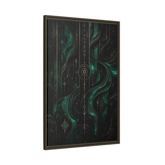 Main Mockup. Abstract Geometric Flow Emerald Gold Abstract shown as stretched canvas wall art