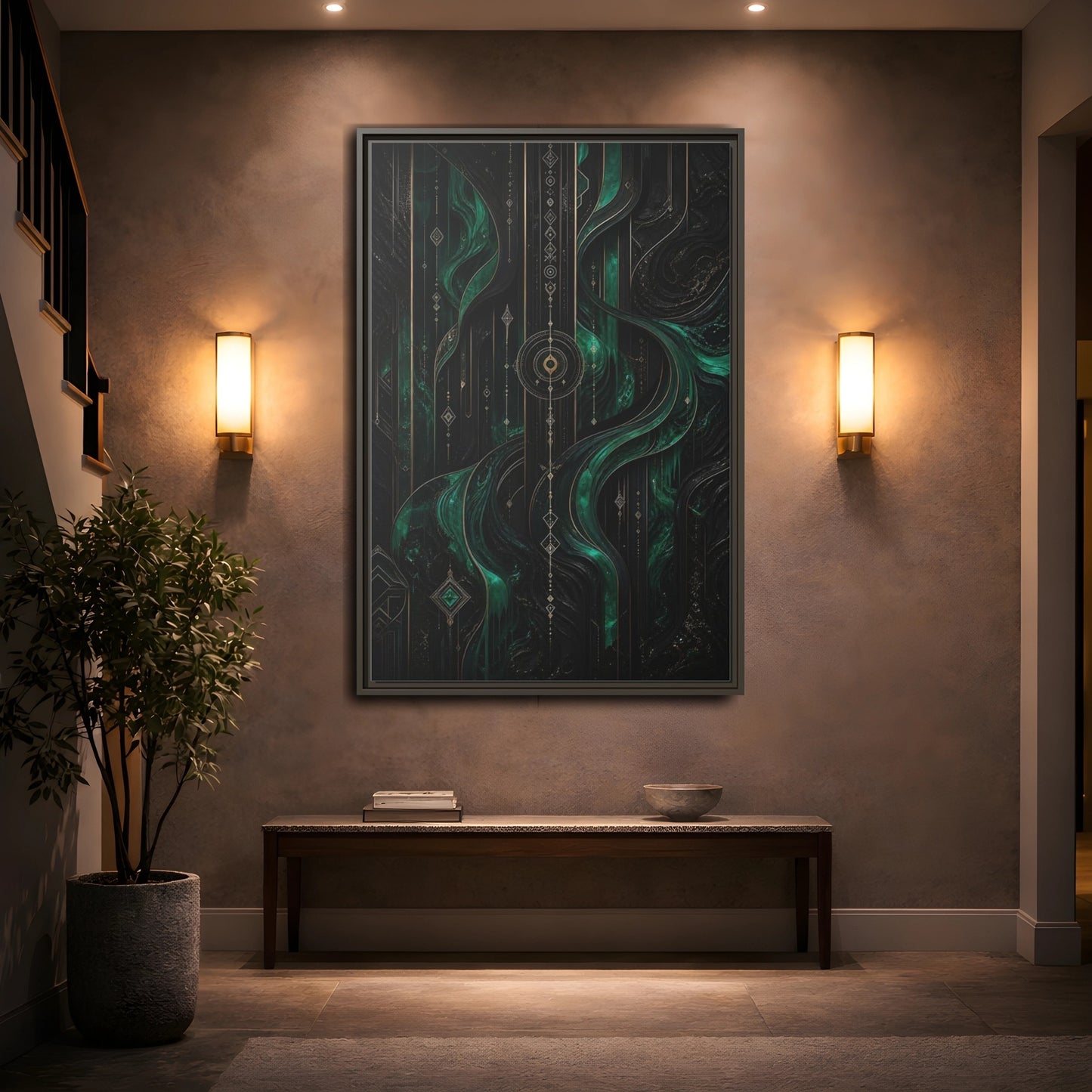 Mockup 2. Abstract Geometric Flow Emerald Gold Abstract shown as stretched canvas wall art